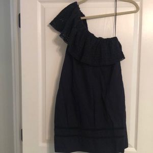 Navy one shoulder dress.